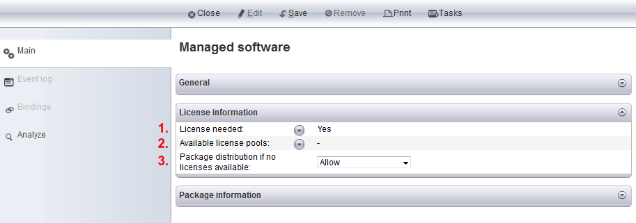 License information settings of Managed software